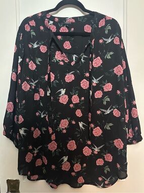 Torrid Black Tie-Front Georgette Blouse with Pink Rose & Bird Print
